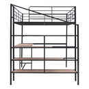 Full Size Metal Loft Bed with Desk and Lateral Storage Ladder, Black