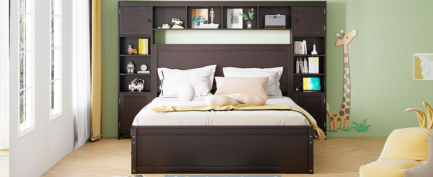 Queen Size Wooden Bed With All-in-One Cabinet, Shelf and Sockets, Espresso - Atlantic Fine Furniture Melbourne FL