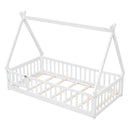 Twin Tent-shaped Floor Bed, with Guardrails, Slats, Door ,White