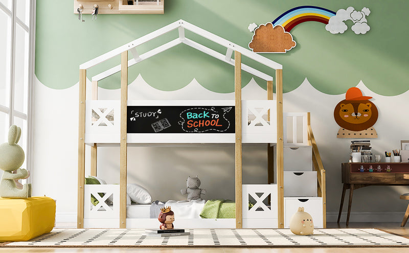 Twin over Twin House Bunk Bed with White Storage Staircase and Blackboards, White