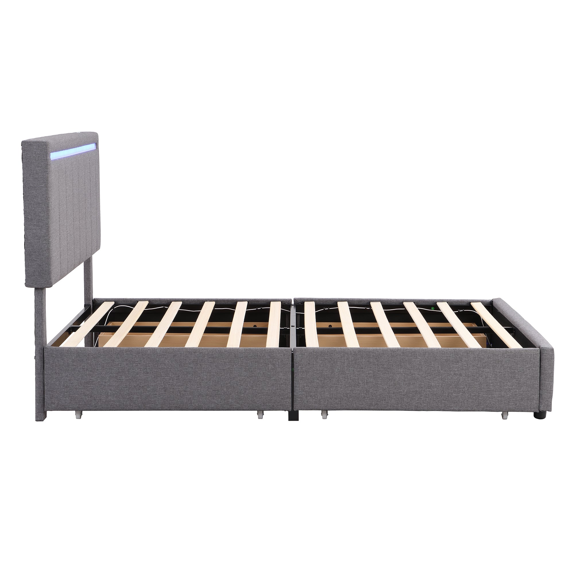 Full Size Upholstered Bed with LED Light and 4 Drawers,  Modern Platform Bed with a set of Sockets and USB Ports, Linen Fabric, Gray - Atlantic Fine Furniture Melbourne FL