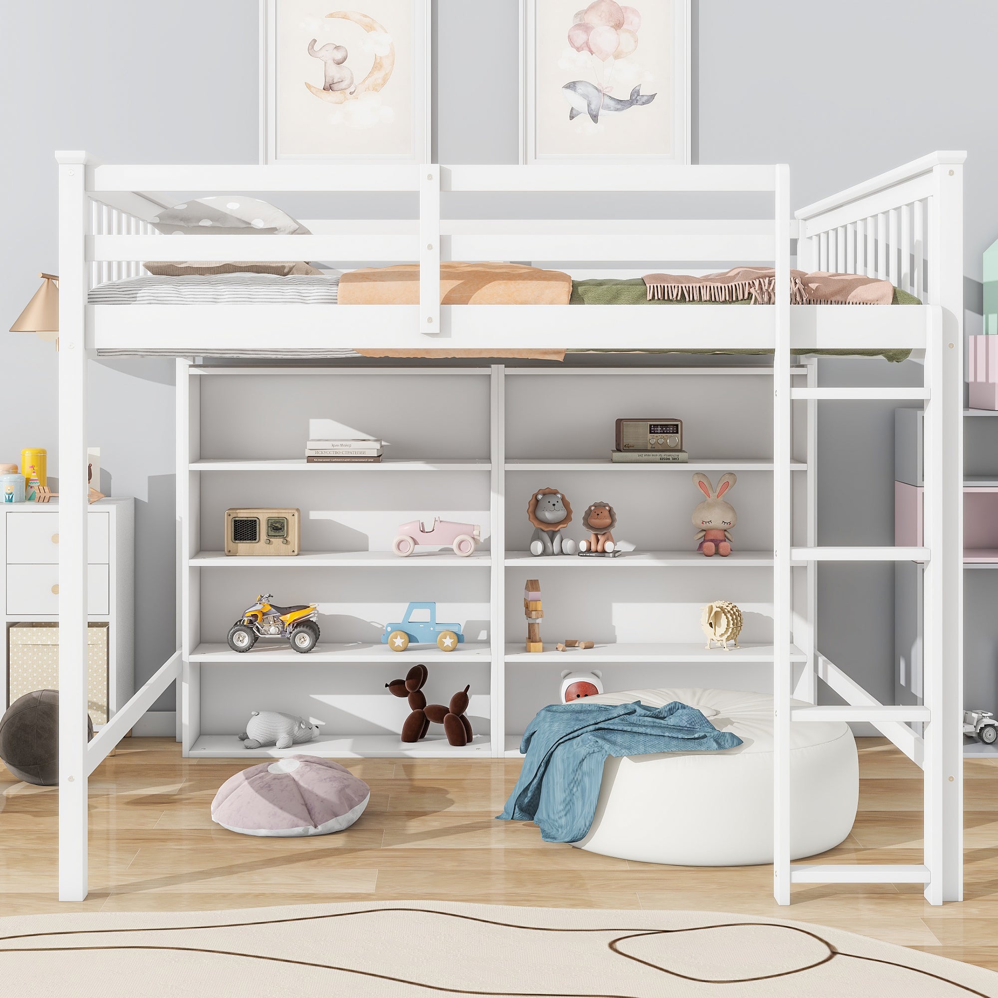Full Size Loft Bed with 8 Open Storage Shelves and Built-in Ladder, White - Atlantic Fine Furniture Melbourne FL