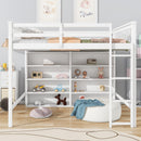 Full Size Loft Bed with 8 Open Storage Shelves and Built-in Ladder, White
