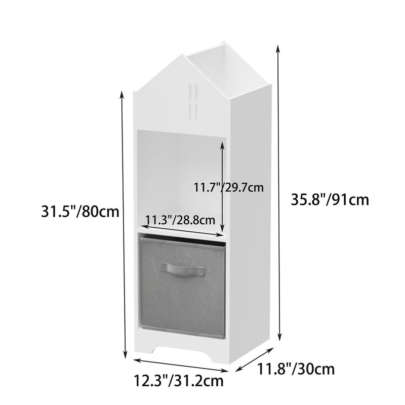 Kids Dollhouse Bookcase With Storage, 2-Tier Storage Display Organizer, Toddler Bookshelf With Collapsible Fabric Drawers For Bedroom Or Playroom - White / Gray