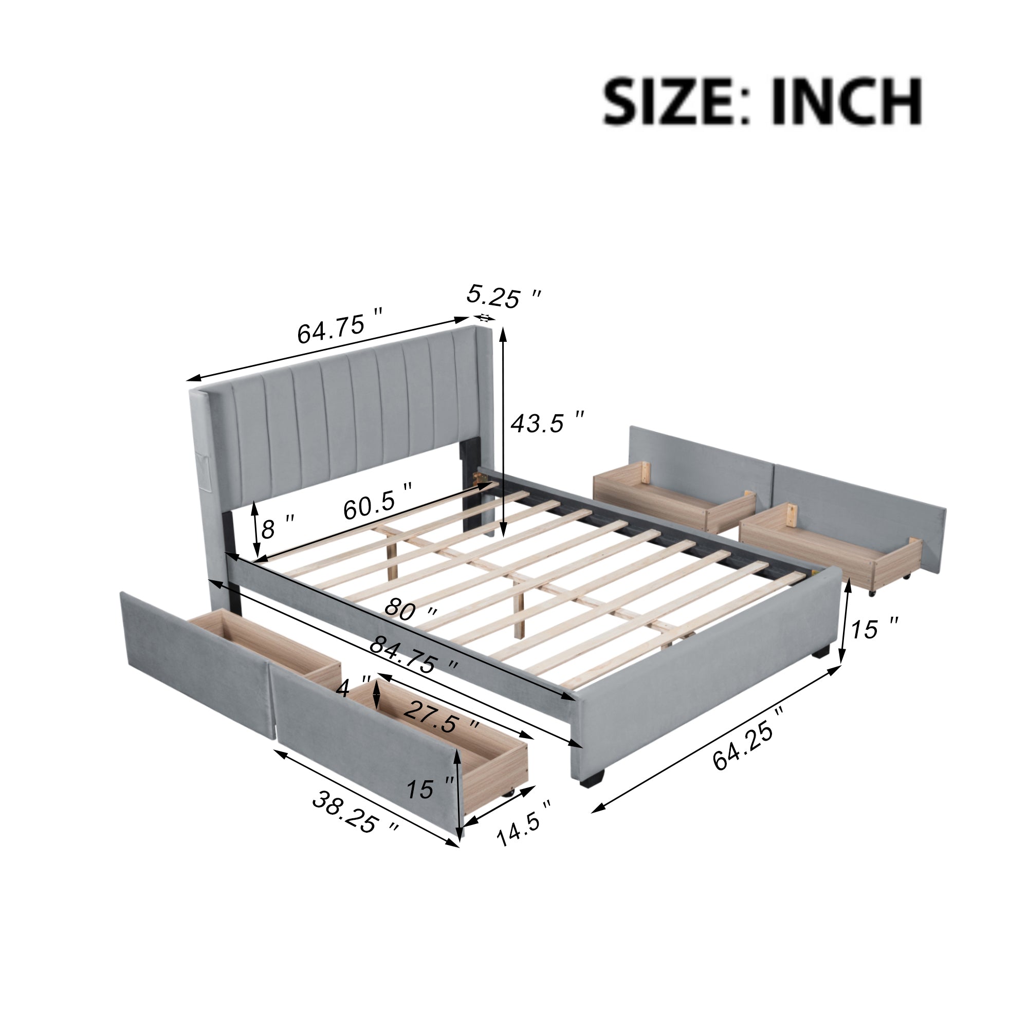 Queen Size Upholstered Bed with 4 Drawers, Gray - Atlantic Fine Furniture Melbourne FL