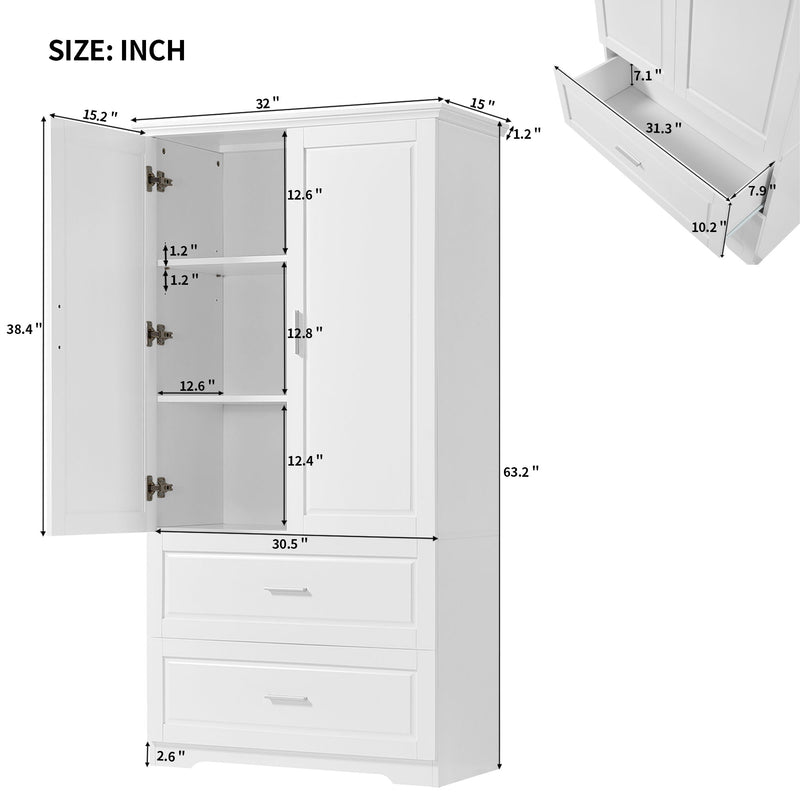 Tall Bathroom Storage Cabinet, Cabinet With Two Doors And Drawers, Adjustable Shelf, MDF Board - White