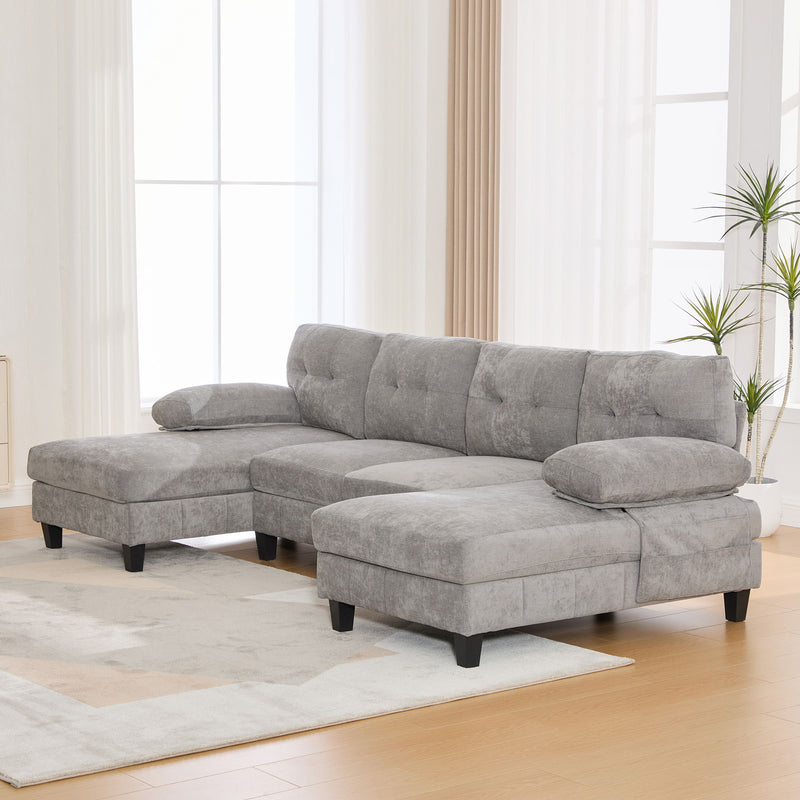 U-Shaped Sectional Sofa 103.5" Black Chenille Fabric Couch With Dual Chaise Lounges, Storage Pockets, Armrest Pillows
