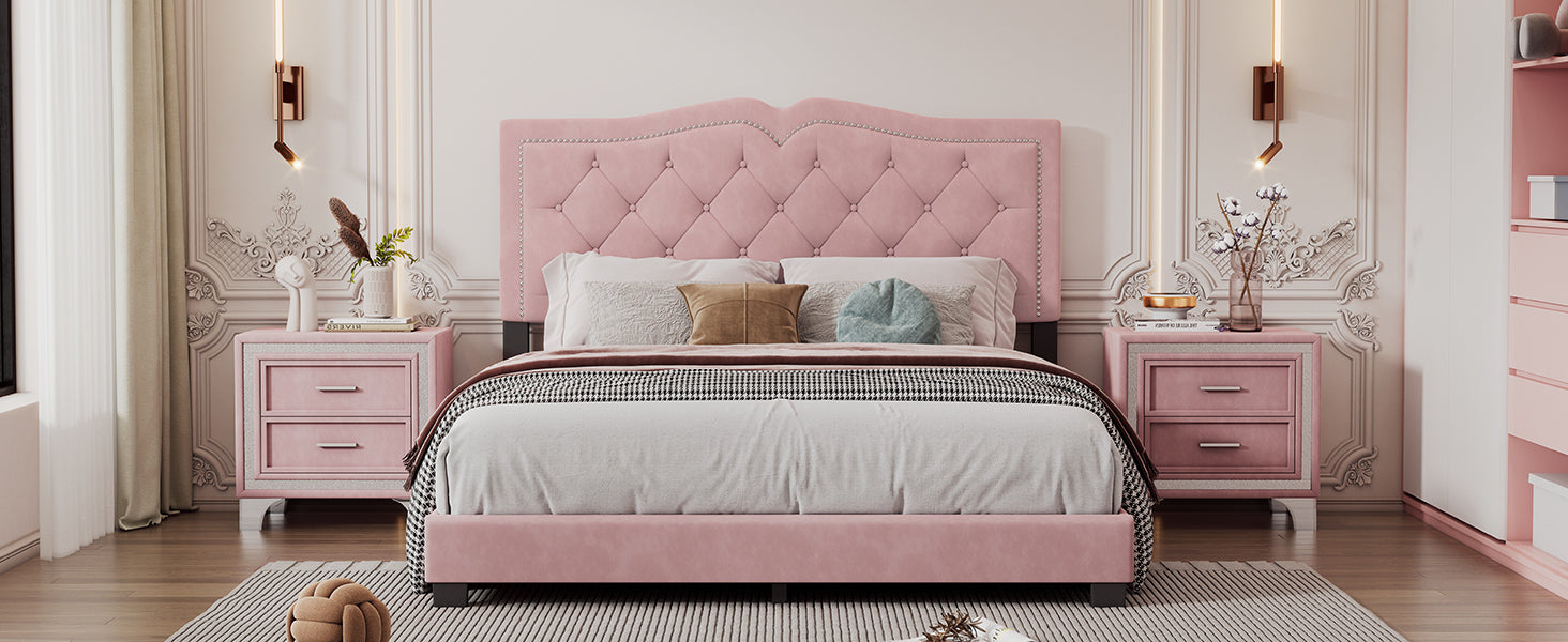 Queen Size Upholstered Bed Frame with Rivet Design, Modern Velvet Platform Bed with Tufted Headboard,Pink - Atlantic Fine Furniture Melbourne FL