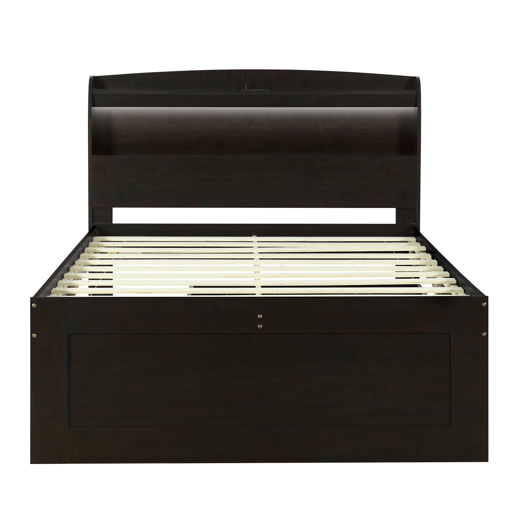 Full XL Size Platform Bed with Storage LED Headboard, Charging Station, Twin Size Trundle and 2 Drawers, Dark Brown - Atlantic Fine Furniture Melbourne FL