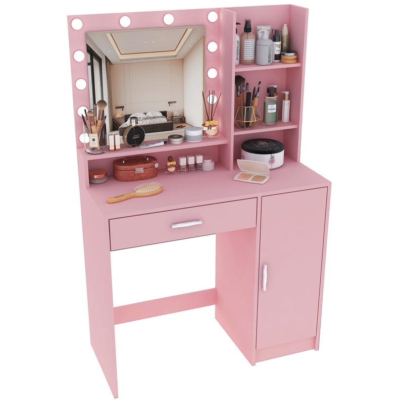 Vanity Desk With Mirror & Light, Large Drawer Three Level Storage Dresser, 3 Lighting Modes Adjustable Brightness, Bedroom Dressing Table