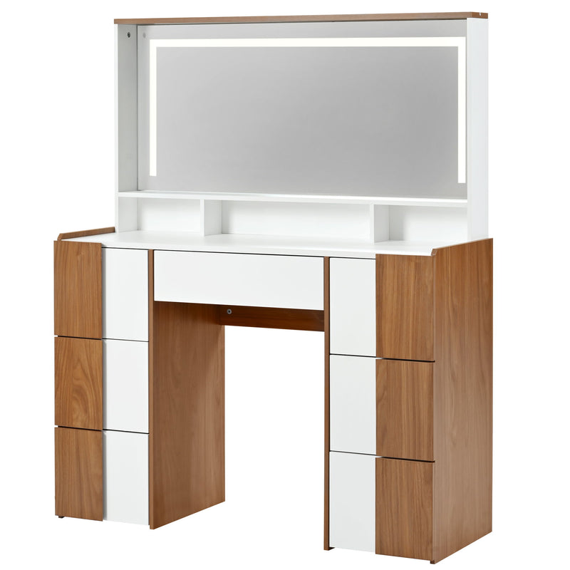 Elegant Vanity Table With Large Lighted Mirror & Power Outlet, Dressing Table With 7 Drawers & Shelves, Vanity Desk With Brown Solid Wood Style Stickers - Brown / White