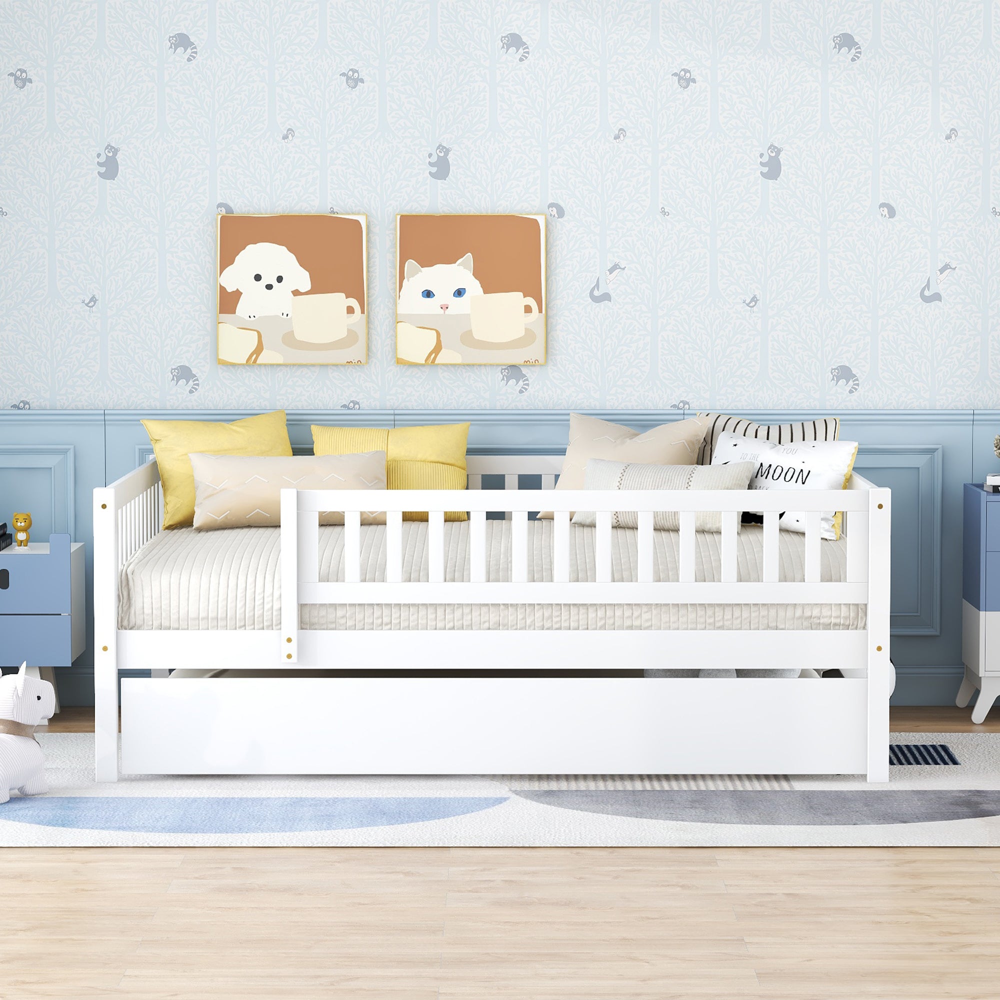 Full Size Wood Daybed with Trundle and Fence Guardrails, White - Atlantic Fine Furniture Melbourne FL