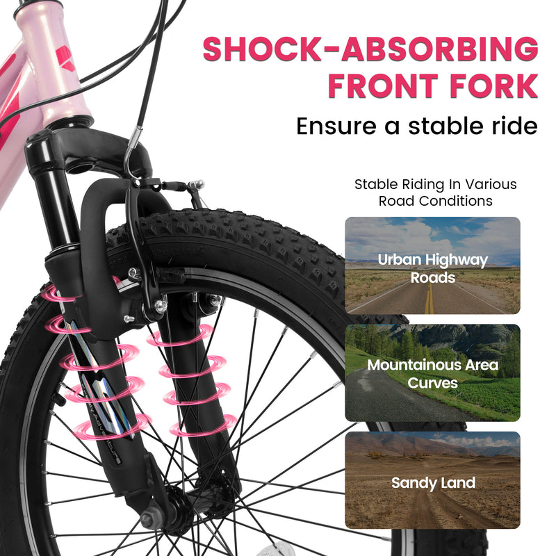 20" Children's Bicycle Shock Absorbing Front Fork 7 Speed V Brakes Mountain Tire Boys And Girls Kids Bike For Outdoor Adventure - Pink