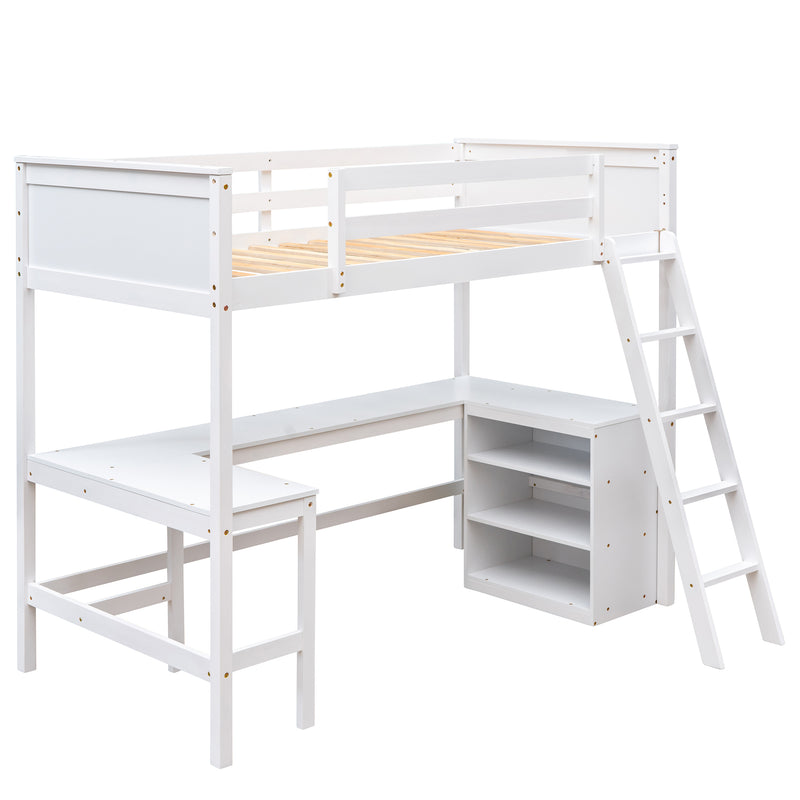 Twin size Loft Bed with Shelves and Desk, Wooden Loft Bed with Desk - White(OLD SKU:LT000537AAK)