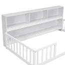 Twin Floor Bed with  Bedside Bookcase,Shelves,Guardrails,White