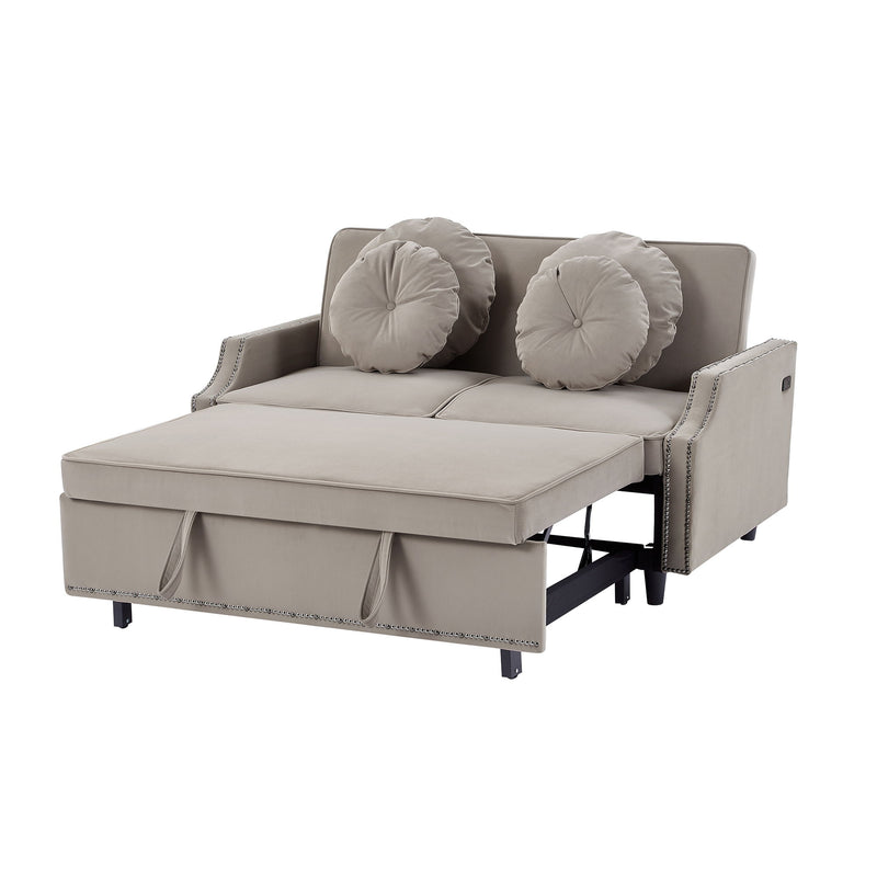 Multiple Adjustable Positions Sofa Bed Stylish Sofa Bed With A Button Tufted Backrest, Two USB Ports And Four Floral Lumbar Pillows For Living Room, Bedroom, Or Small Space