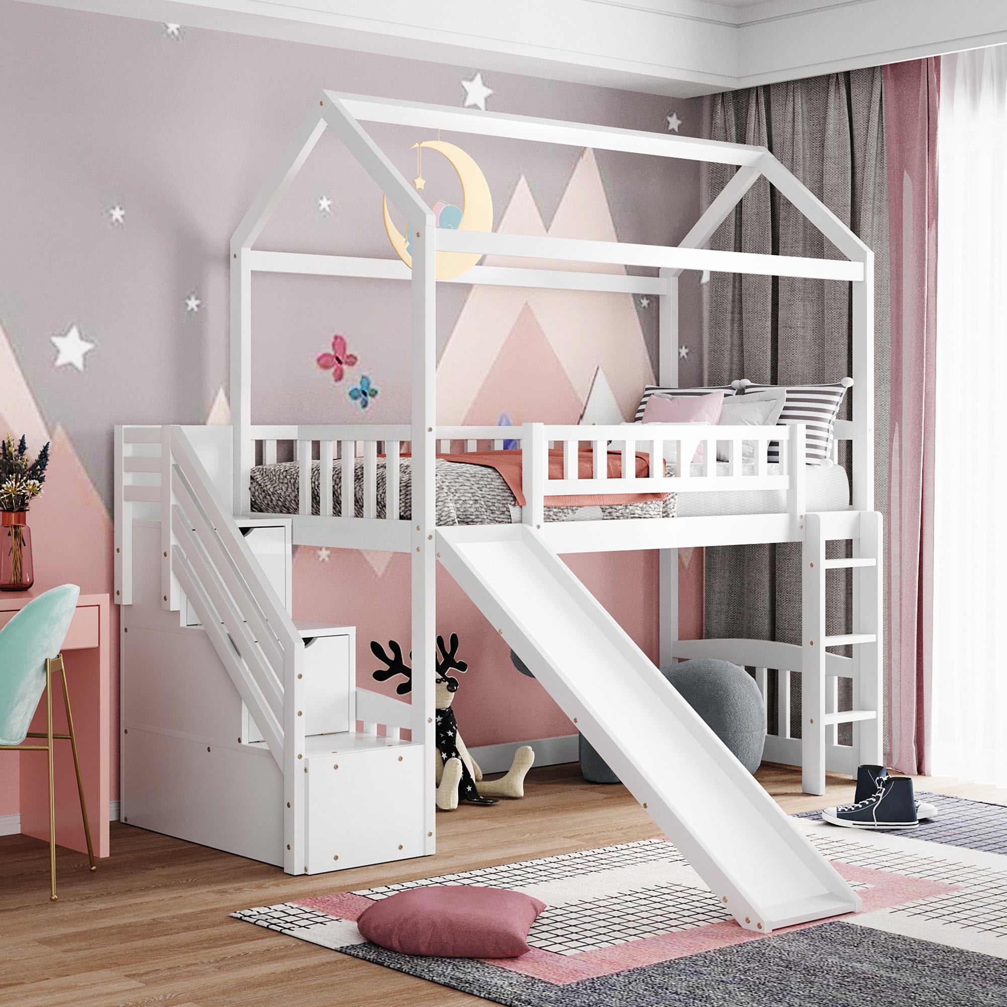 Twin Loft Bed with Two Drawers and Slide, House Bed with Slide, White (Old SKU: LP000130AAK) - Atlantic Fine Furniture Melbourne FL