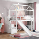 Twin Loft Bed with Two Drawers and Slide, House Bed with Slide, White (Old SKU: LP000130AAK)