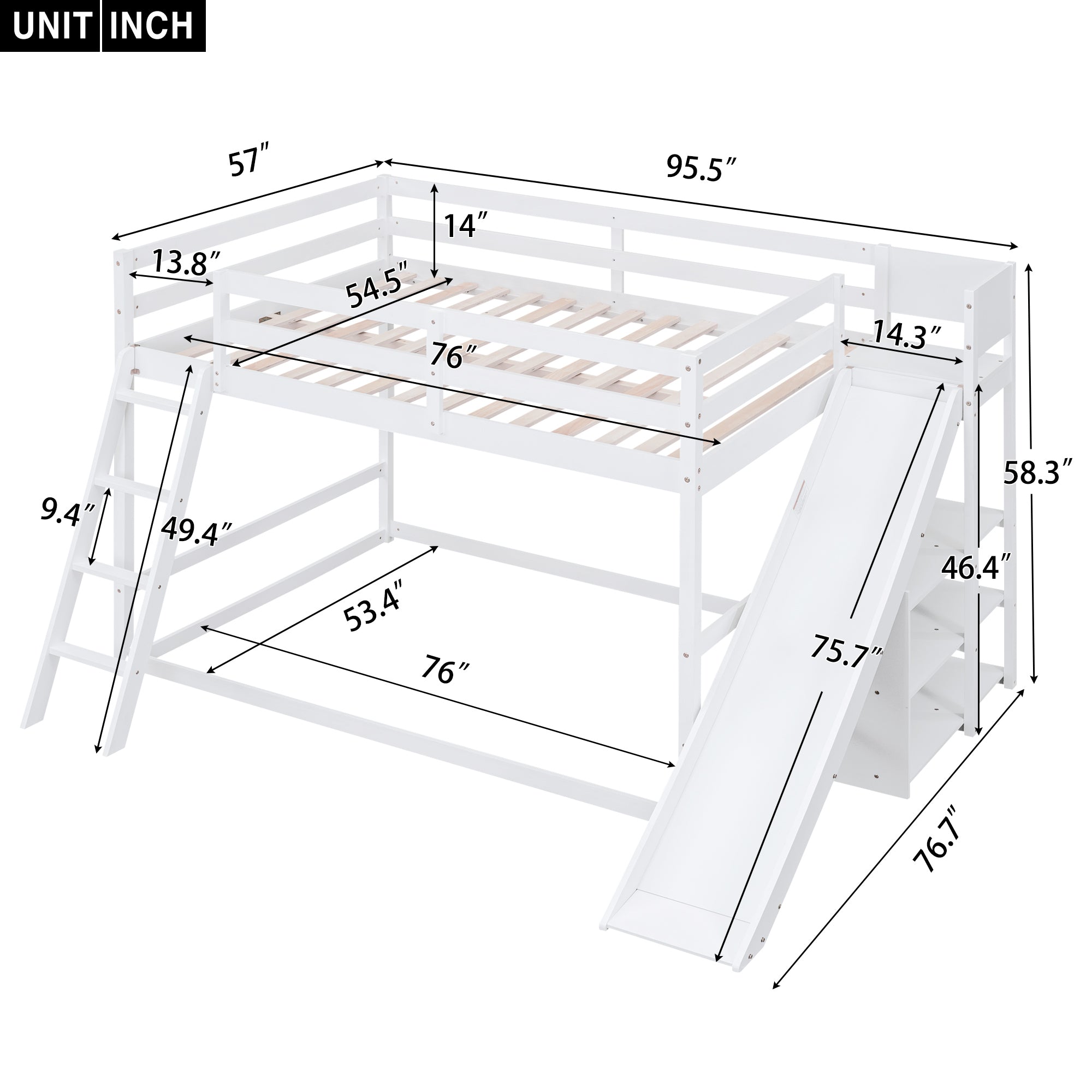 Full over Full Bunk Bed with Ladder, Slide and Shelves, White - Atlantic Fine Furniture Melbourne FL