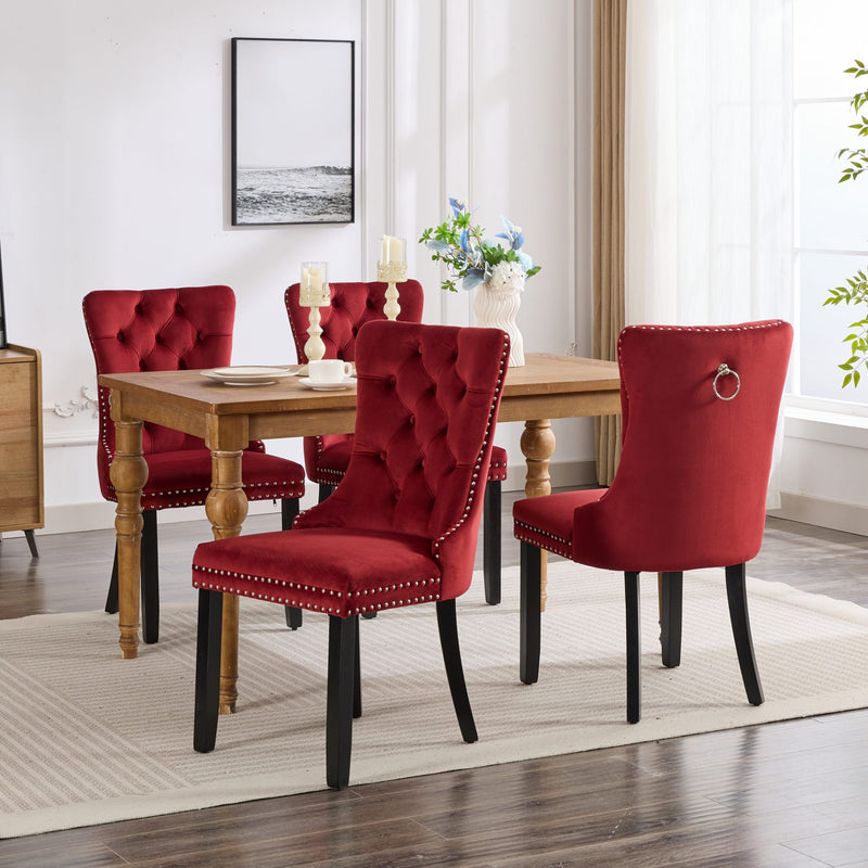 Classic Velvet Dining Chairs, High-End Tufted Solid Wood Contemporary Velvet Upholstered Dining Chair With Wood Legs Nailhead (Set of 2) - Burgundy