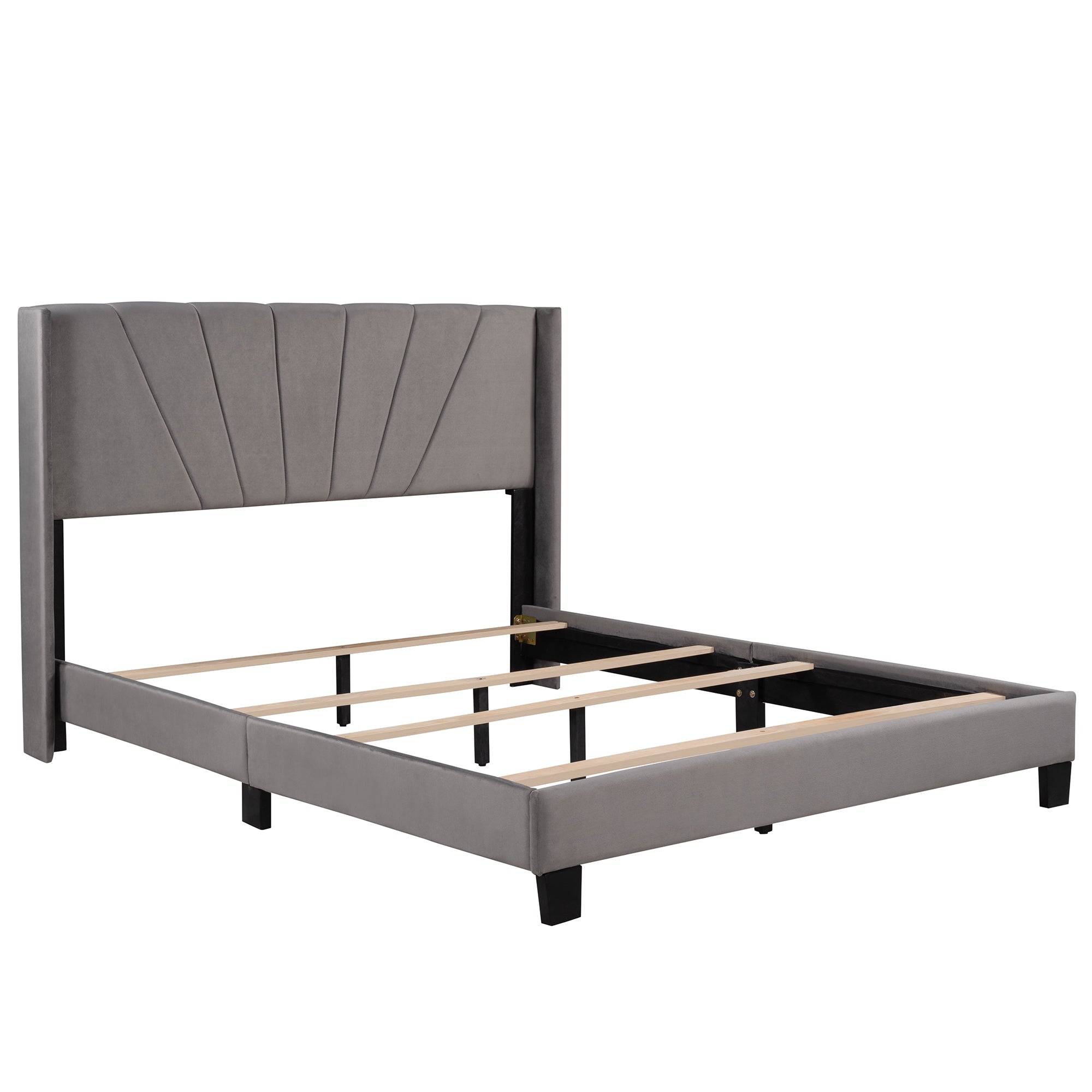Queen Size Velvet Upholstered Platform Bed, Box Spring Needed - Gray - Atlantic Fine Furniture Melbourne FL