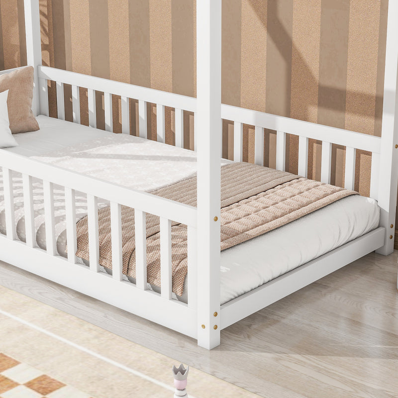 Twin House Bed with Guardrails, Slats ,White