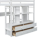 Full Size Loft Bed With Built In Desk, 2 Drawers, Storage Shelves - White
