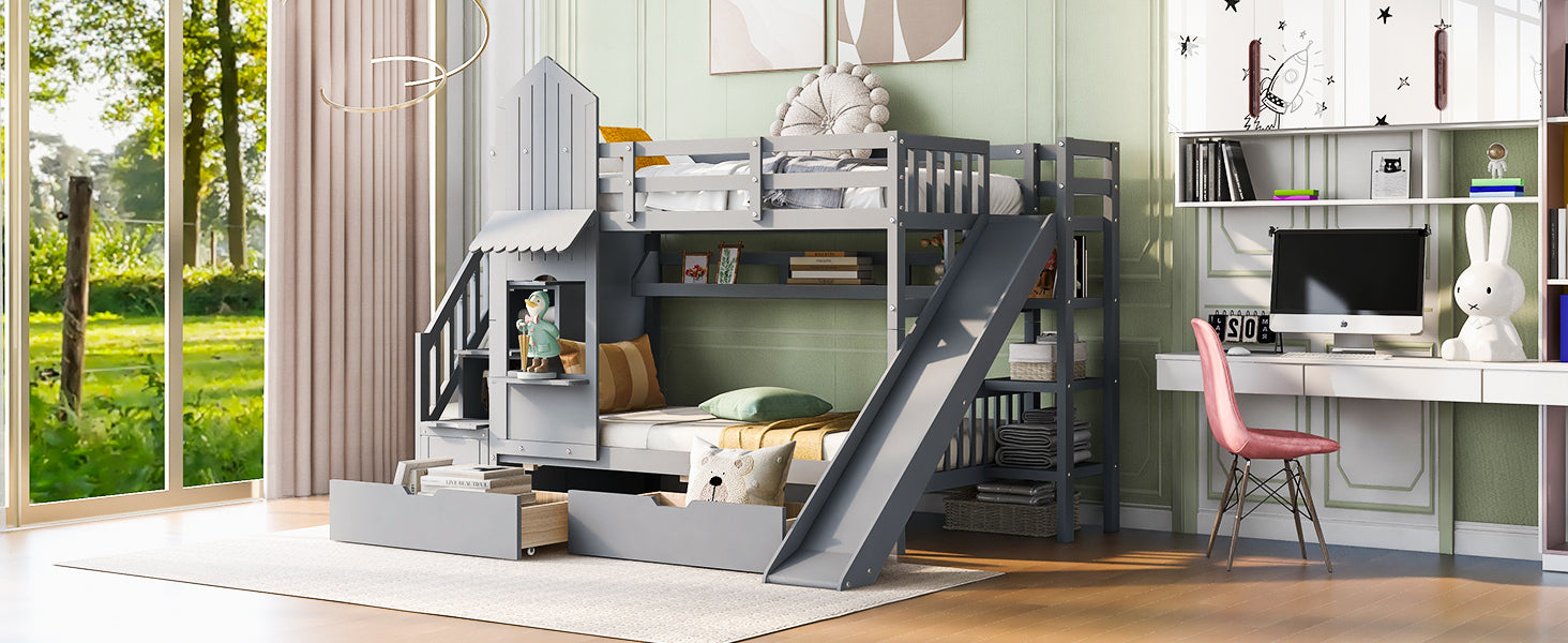 Twin-Over-Twin Castle Style Bunk Bed with 2 Drawers 3 Shelves and Slide - Gray - Atlantic Fine Furniture Melbourne FL