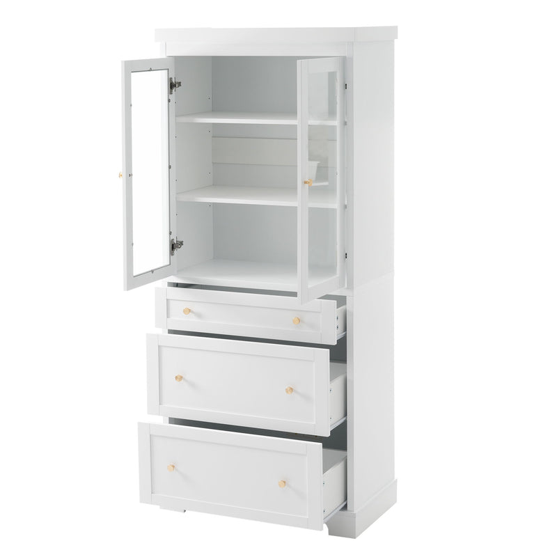Freestanding Tall Bathroom Cabinet With 2 Adjustable Shelves, 3 Drawers, Soft Close Glass Doors - White
