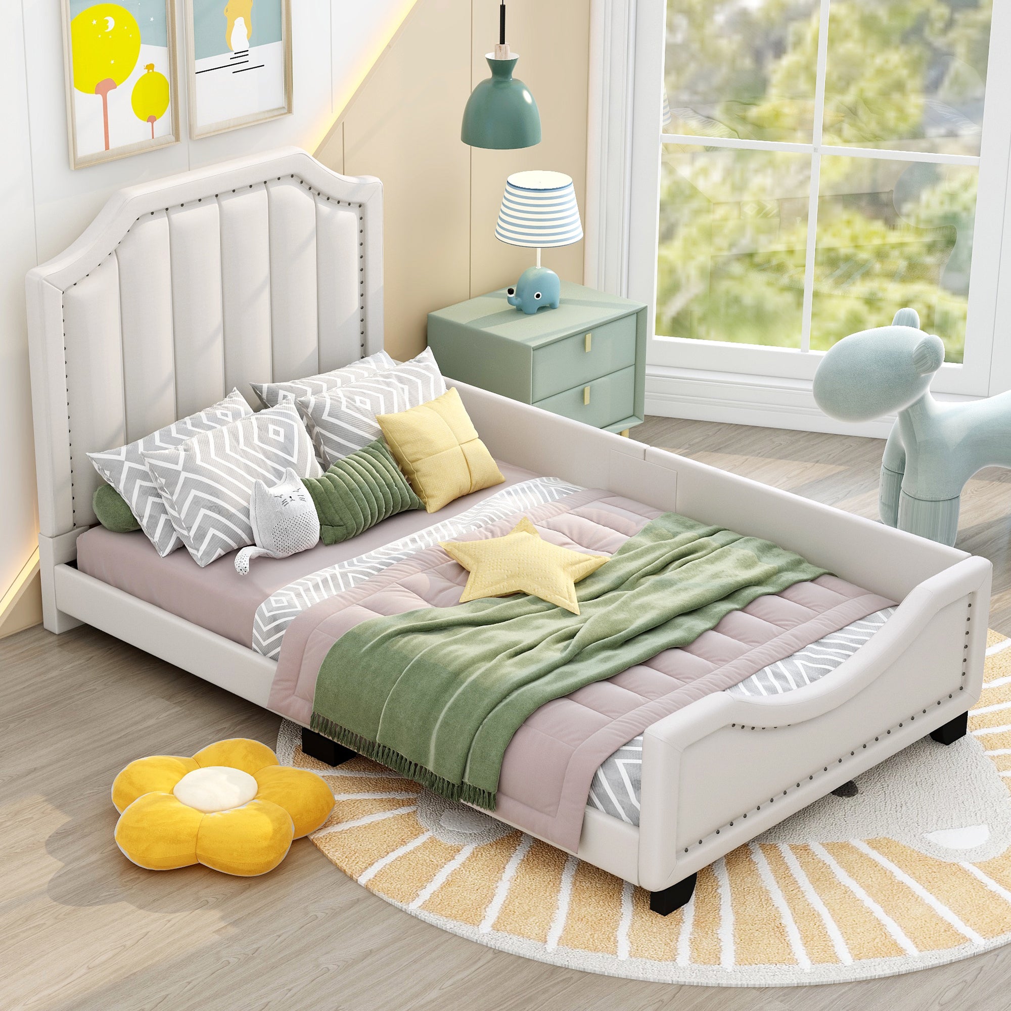 Twin Size Upholstered Platform Bed with Nailhead Trim Decoration and Guardrail, Beige - Atlantic Fine Furniture Melbourne FL
