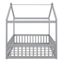 Full Size Wood Bed House Bed Frame with Fence, for Kids, Teens, Girls, Boys,Gray
