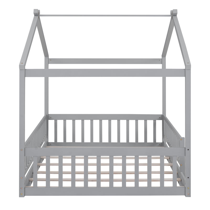 Full Size Wood Bed House Bed Frame with Fence, for Kids, Teens, Girls, Boys,Gray