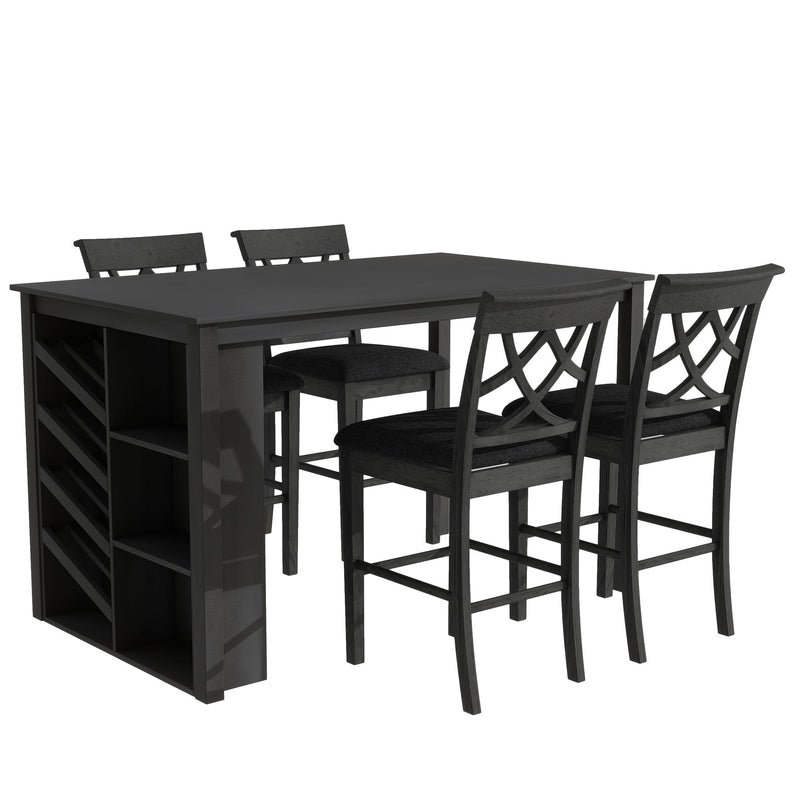 Topmax - 5 Piece Updated Counter Height Solid Wood Dining Table Set, Table With Curved Wine Rack And 4 Upholstered Chairs