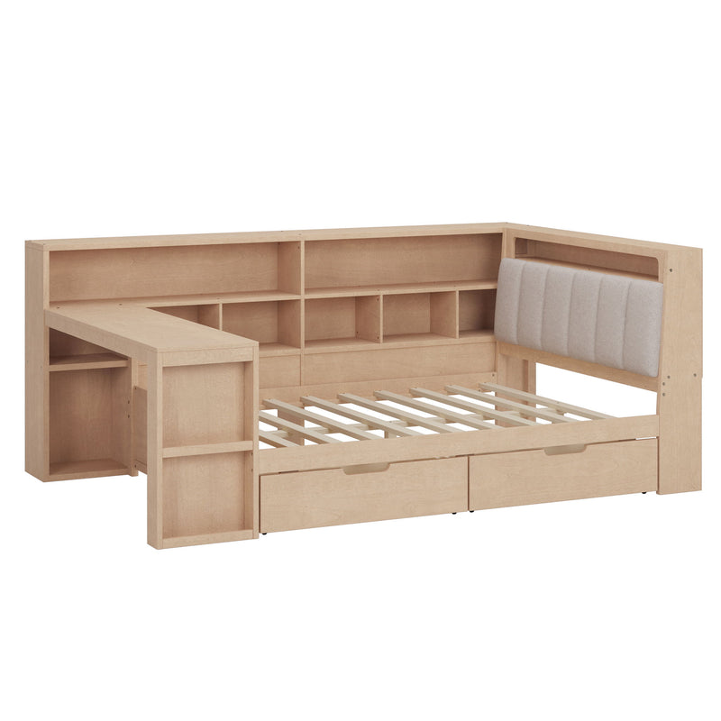 L Shaped Daybed With Desk, Bookcase, Upholstered Headboard, Drawers, And LED Light