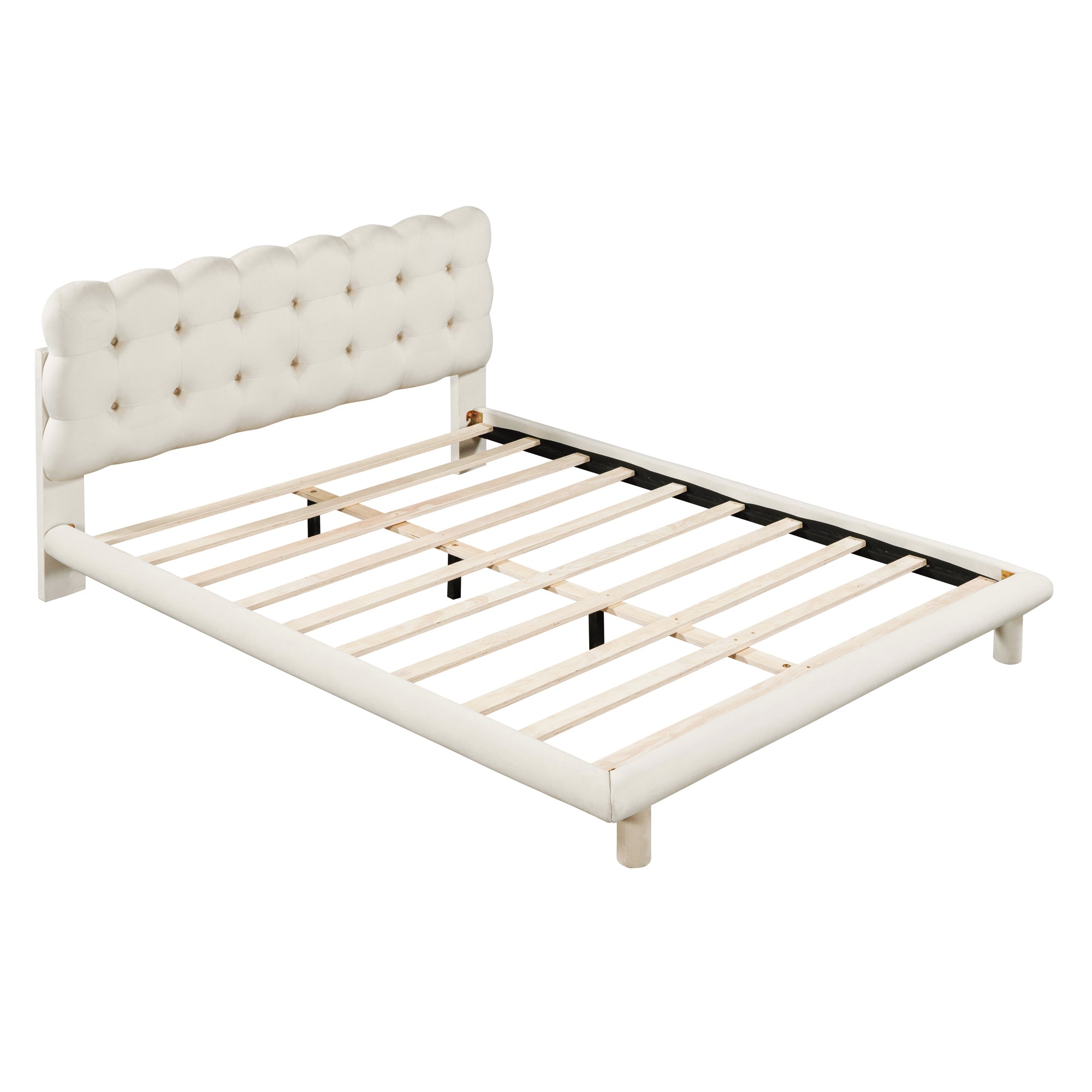 Queen Size Velvet Platform Bed with LED Frame, Thick & Soft Fabric and Button-tufted Design Headboard, Beige - Atlantic Fine Furniture Melbourne FL