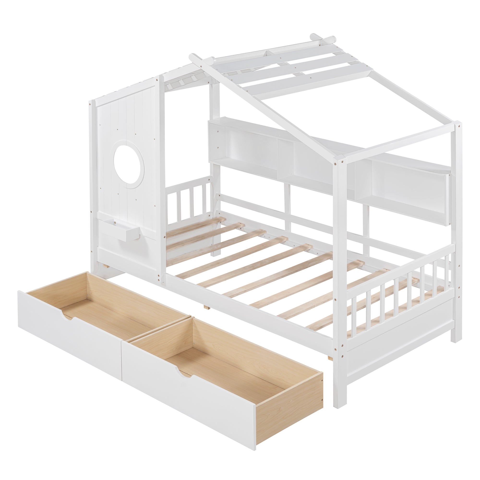 Wooden Twin Size House Bed with 2 Drawers,Kids Bed with Storage Shelf, White - Atlantic Fine Furniture Melbourne FL