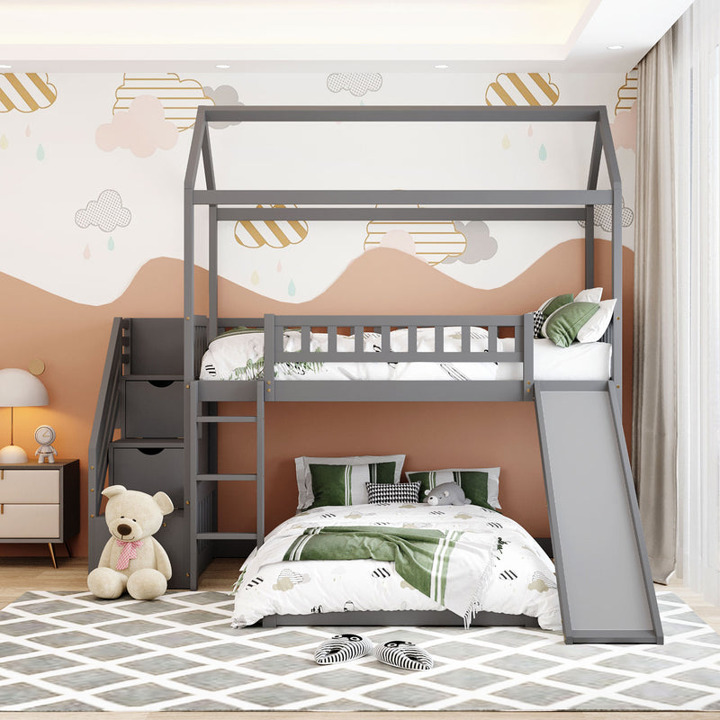 Twin Over Twin Bunk Bed with Two Drawers and Slide, House Bed with Slide, White(OLD SKU :LP000129AAE)