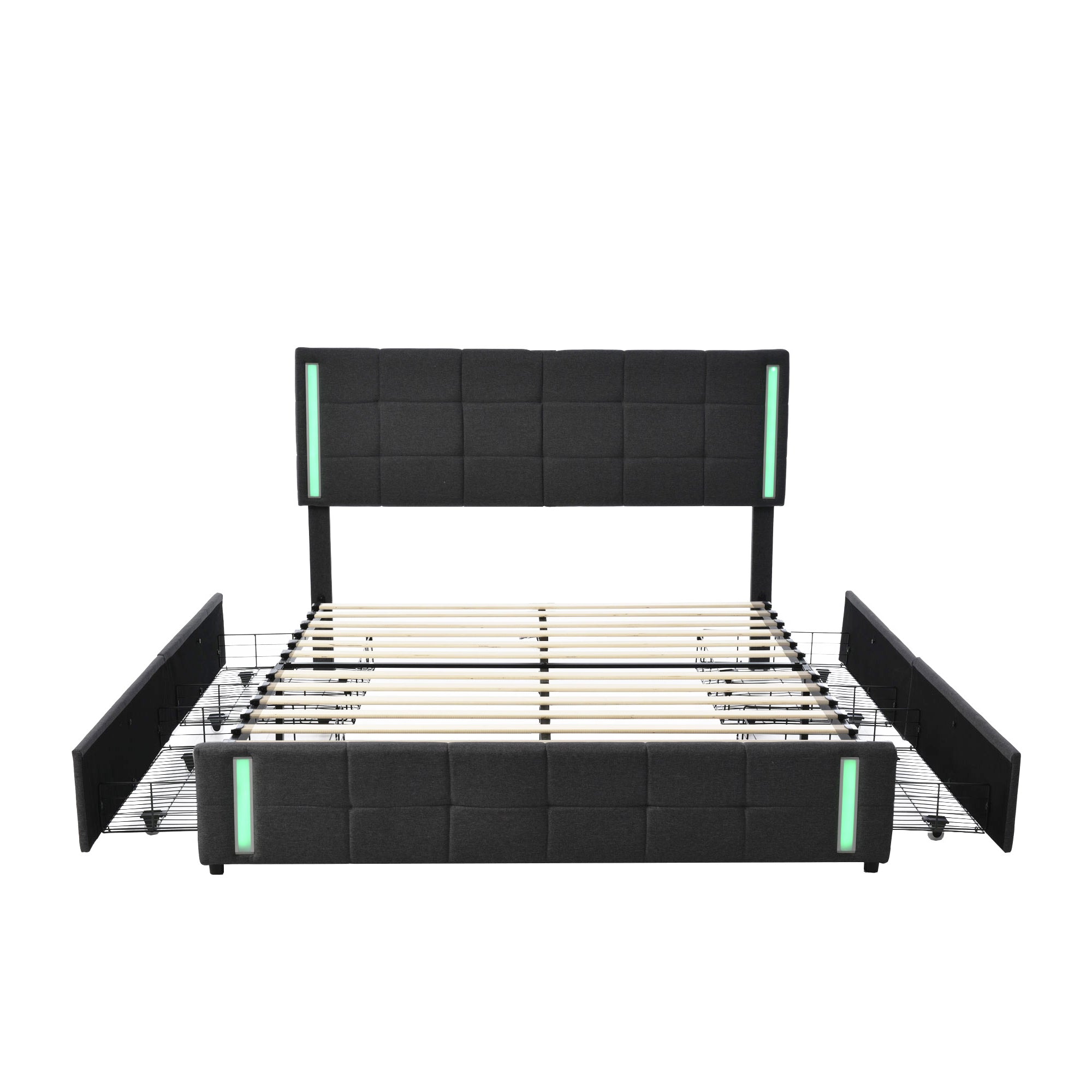 Queen Size Upholstered Platform Bed with LED Lights and USB Charging, Storage Bed with 4 Drawers, Gray(Linen) - Atlantic Fine Furniture Melbourne FL