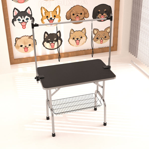 Professional Dog Pet Grooming Table Adjustable Heavy Duty Portable With Arm & Noose & Mesh Tray - Black