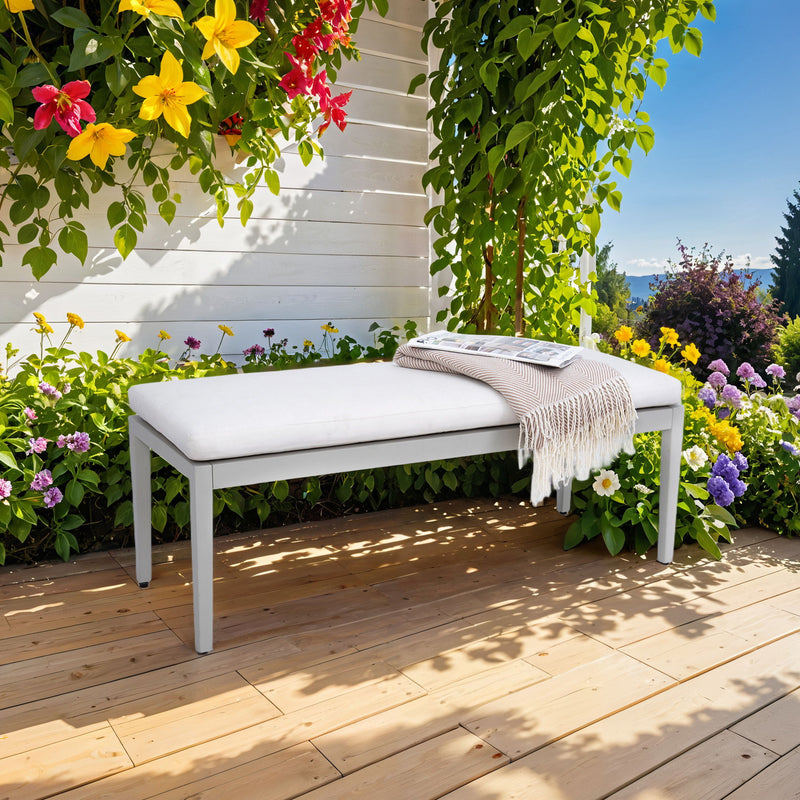 Outdoor Patio Stationary Bench With Sunbrella Fabric Cushion - Grayish