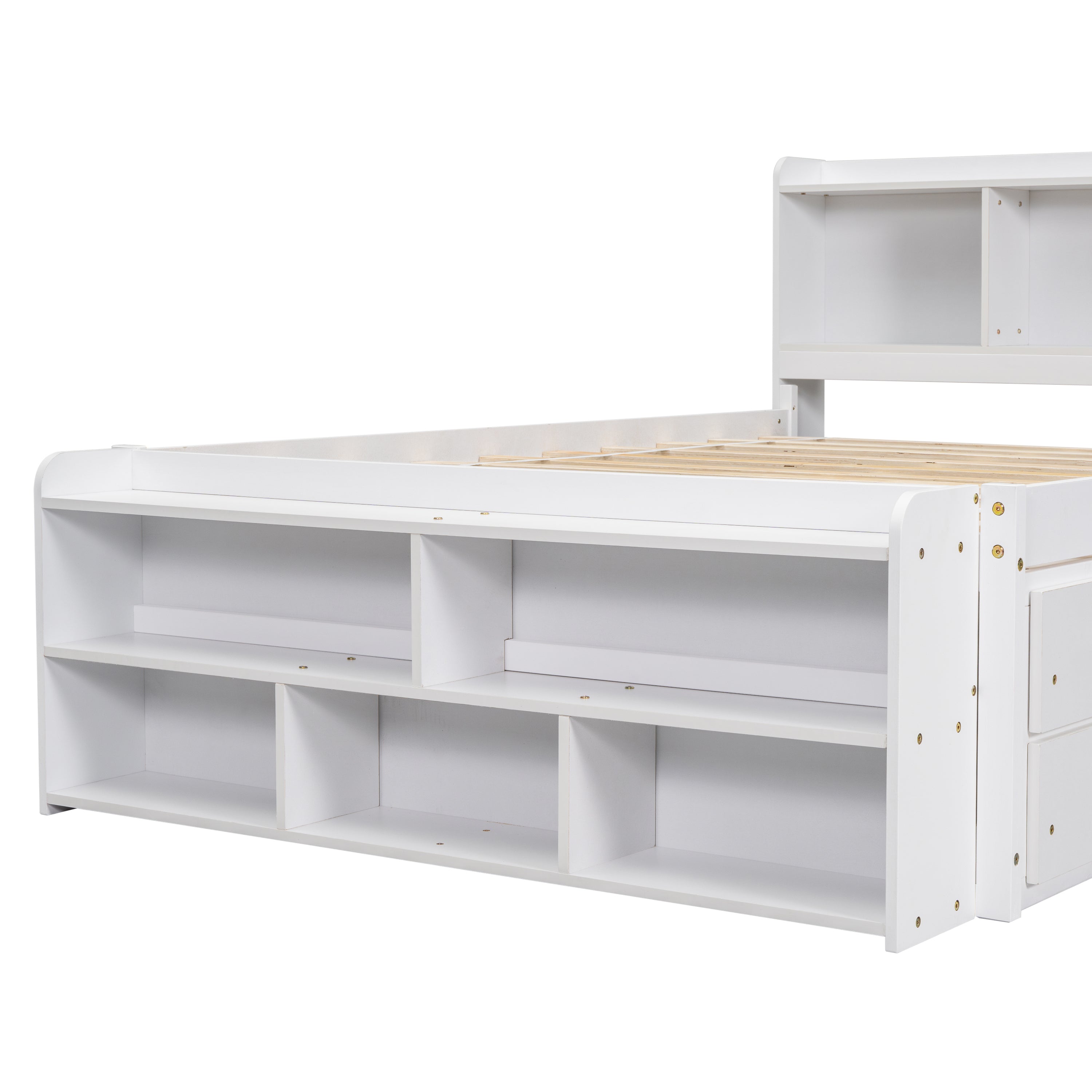 Full Bed with Bookcase Headboard, Under bed Storage Drawers and Bed End Storage Case,White