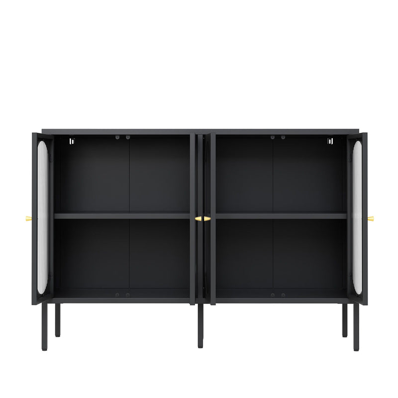 Modern Metal Sideboard Cabinet With 4 Glass Doors, Steel Kitchen Storage And Coffee Bar Cabinet - Black