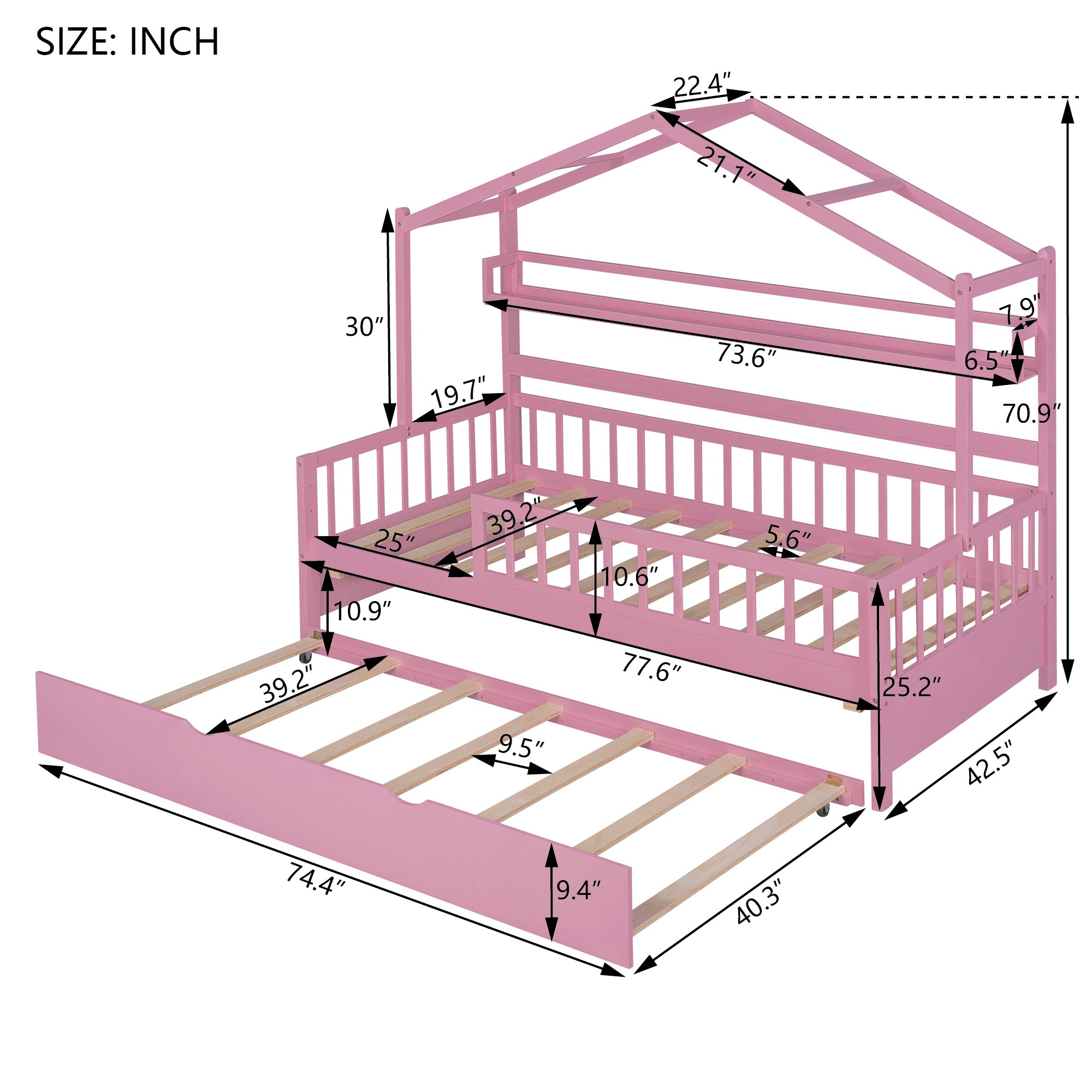 Wooden Twin Size House Bed with Trundle,Kids Bed with Shelf, Pink - Atlantic Fine Furniture Melbourne FL