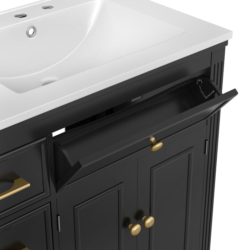 Modern Bathroom Vanity With Ceramic Sink, Freestanding, One Tip Out Drawer, 3 Side Drawers, Adjustable Shelf
