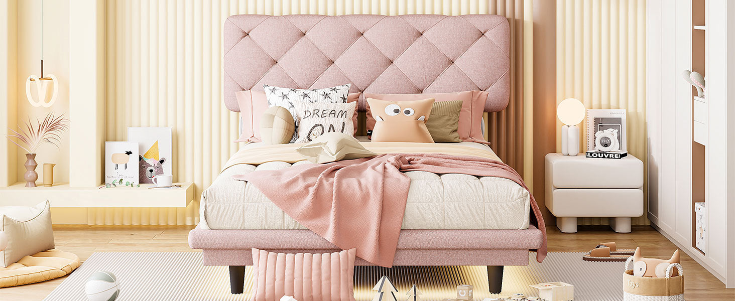 Twin Size Upholstered Bed with Light Stripe, Floating Platform Bed, Linen Fabric,Pink - Atlantic Fine Furniture Melbourne FL