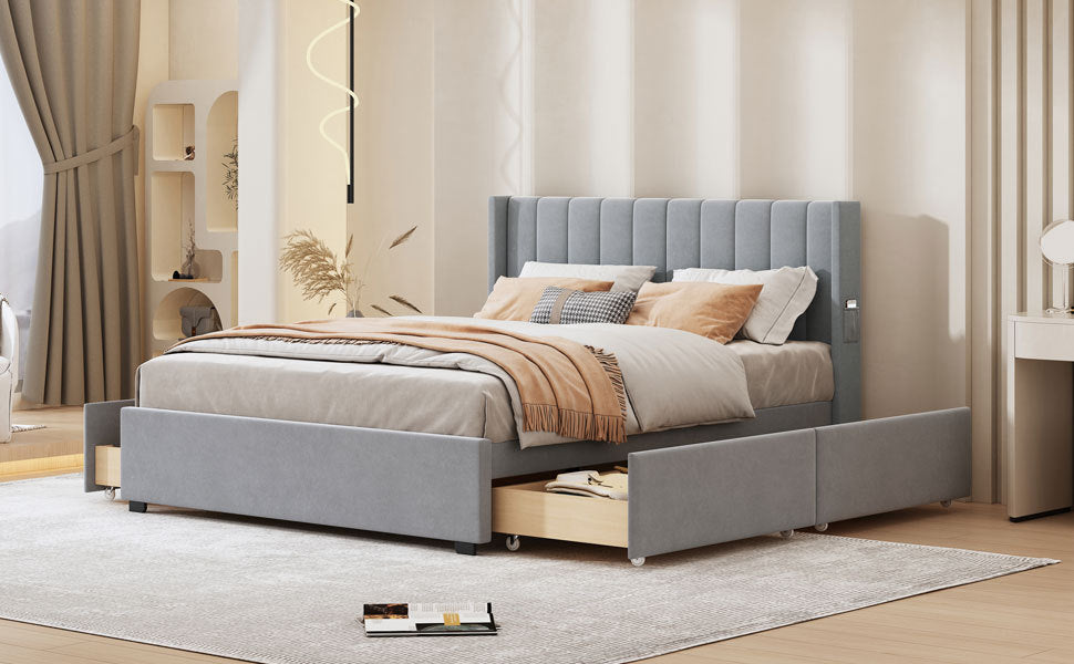 Queen Size Upholstered Bed with 4 Drawers, Gray - Atlantic Fine Furniture Melbourne FL