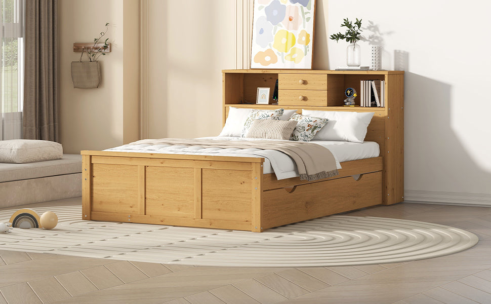 Full Size Wood Pltaform Bed with Twin Size Trundle, 3 Drawers, Upper Shelves and a set of USB Ports & Sockets, Natural - Atlantic Fine Furniture Melbourne FL