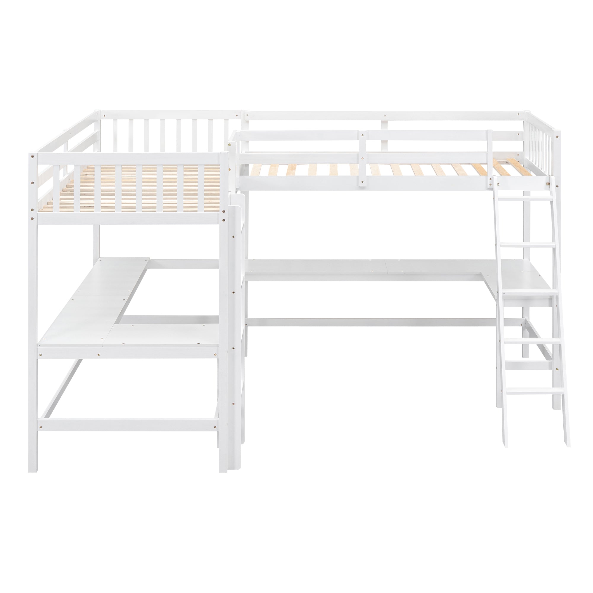 Wood Twin Size L-Shaped Loft Bed with Ladder and 2 Built-in L-Shaped Desks, White - Atlantic Fine Furniture Melbourne FL