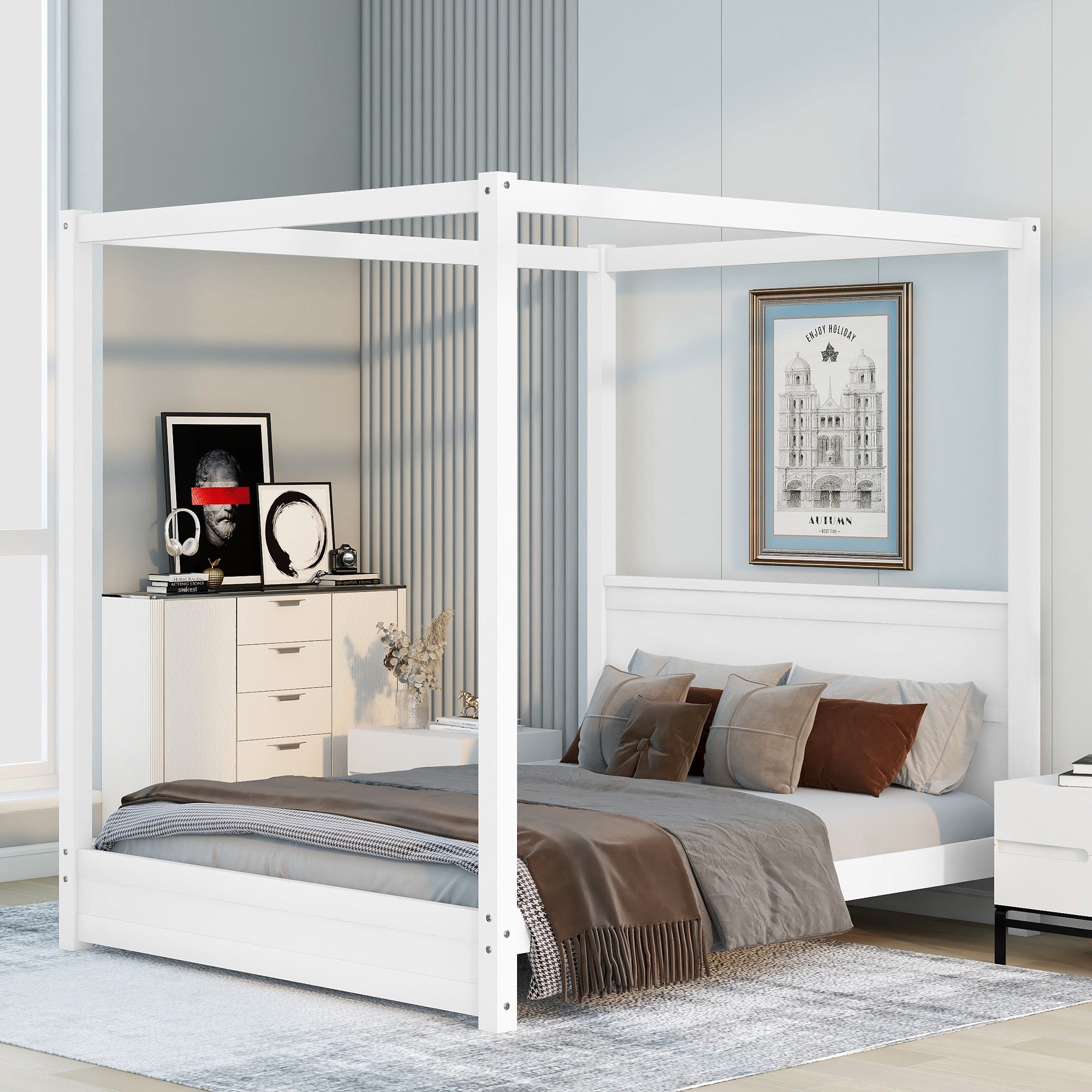 Queen Size Canopy Platform Bed with Headboard and Support Legs,White - Atlantic Fine Furniture Melbourne FL