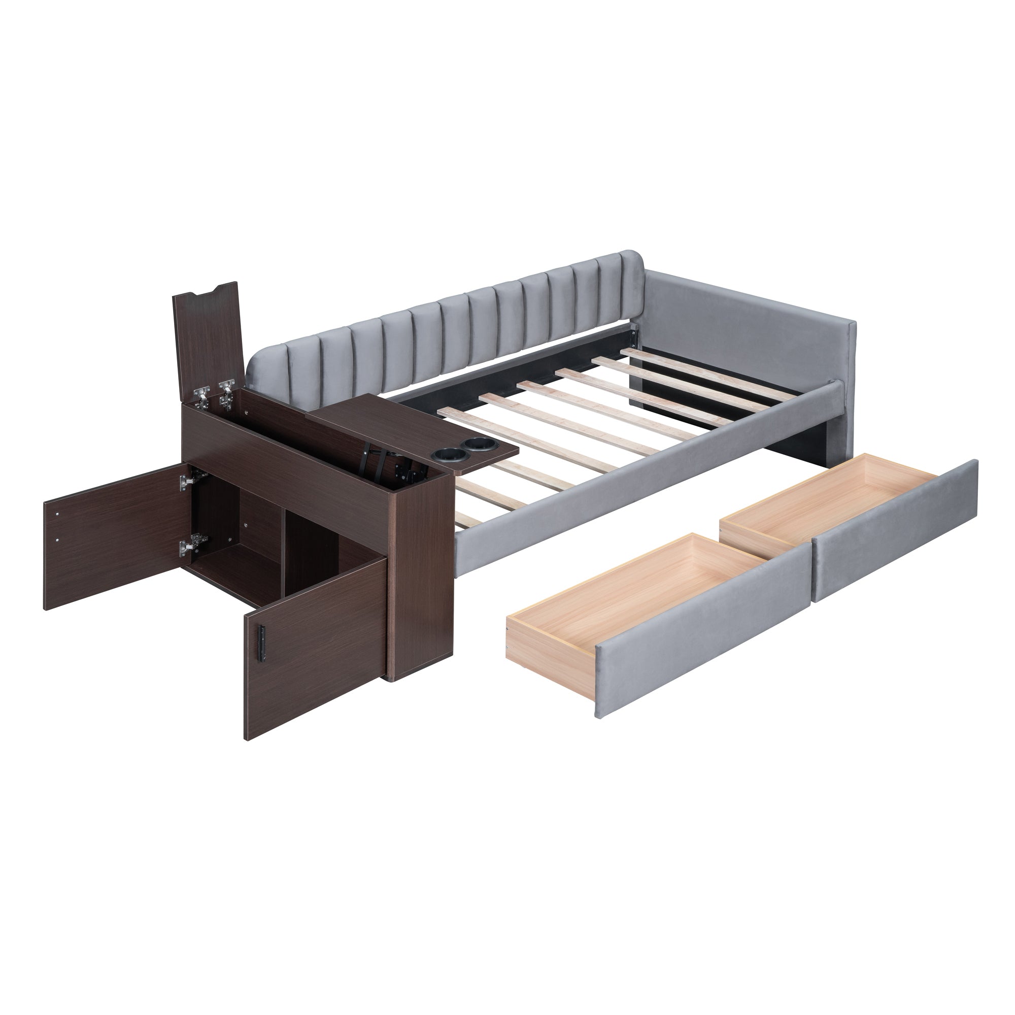 Twin Size Upholstered Daybed with Storage Armrest and 2 Drawers, Multi-functional Daybed with Cup Holder and a set of USB Ports and Sockets, Gray - Atlantic Fine Furniture Melbourne FL